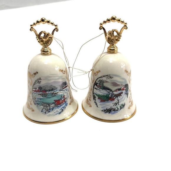 Unbranded Other - Vintage 1981-82 Christmas Bell Ornaments Set Of 2 Holiday Scene Noel Tree Decor